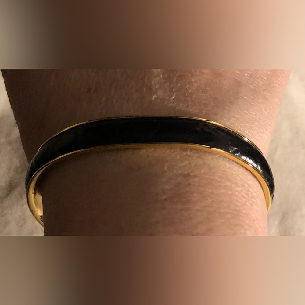 LINDA DANO Gold Tone Black Leather Cuff
